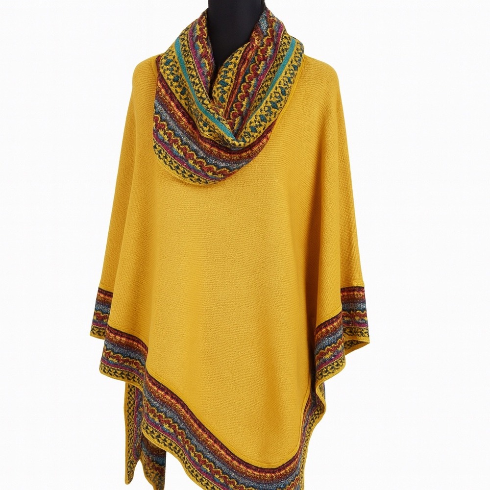 Peruvian Soul Alpaca Blend Poncho Wrap‎ Shawl Yellow Trim Boho Chic with sleeve